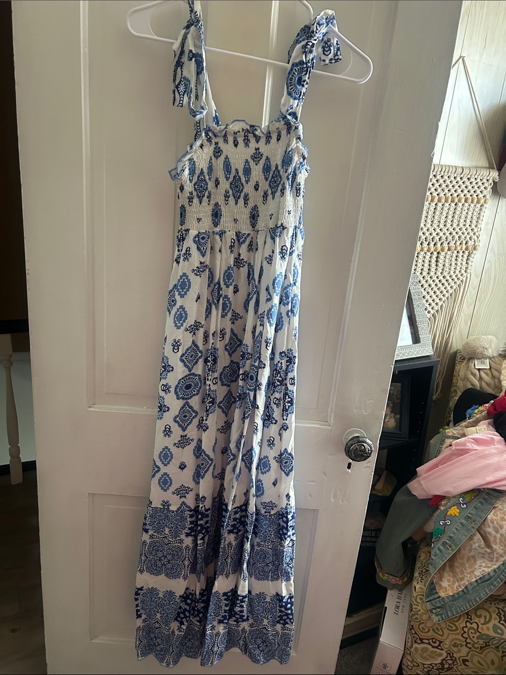 Blue and White Printed Tie-Shoulder Maxi Dress